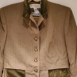 Women Wool Suit Jones NY Herringbone Olive Green w/Velvet Detail Slacks/Jacket